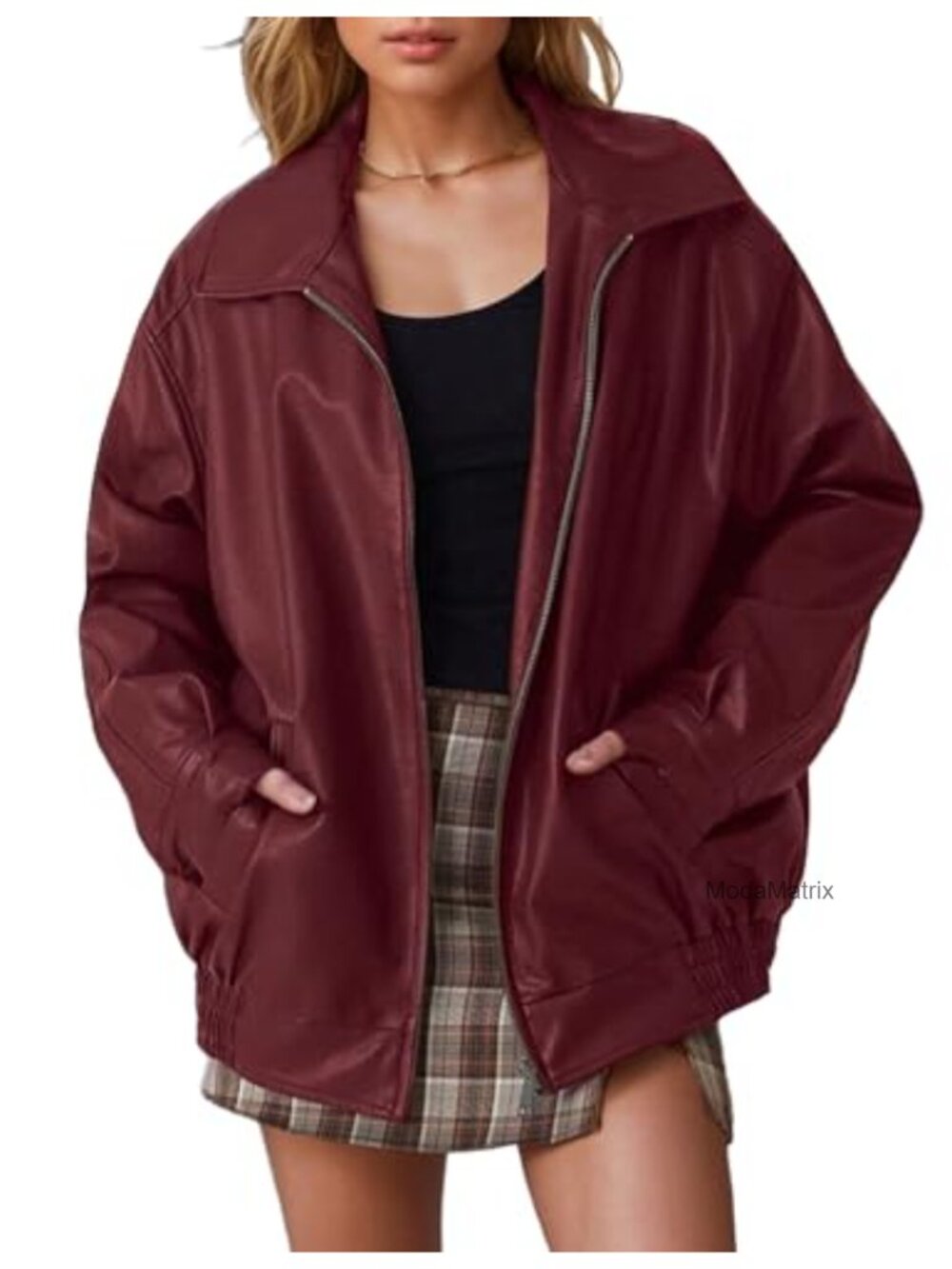 Women's Oversized Faux Leather Motorcycle Bomber Jacket with Pockets